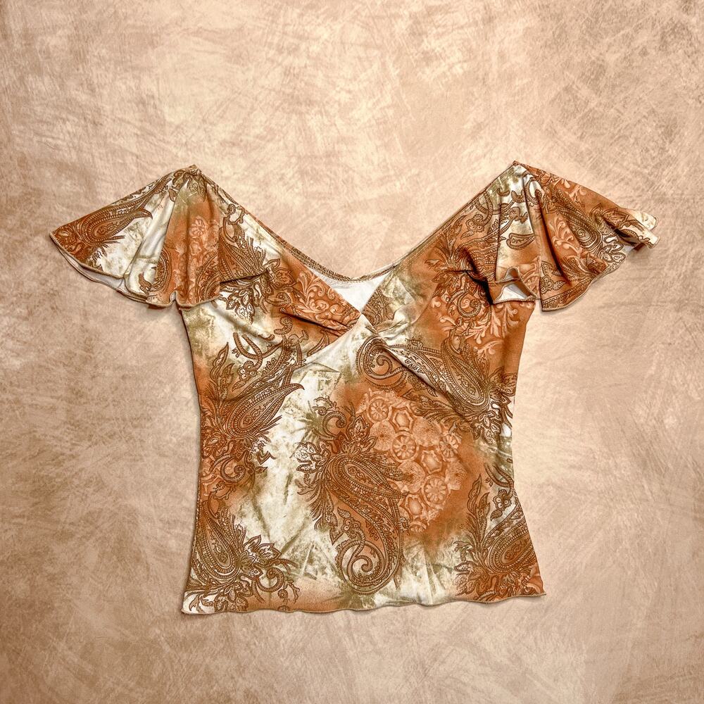 Vintage Y2K Paisley Flutter Sleeve Top Empire Waist Cropped V Neck Renaissance - Picture 11 of 12